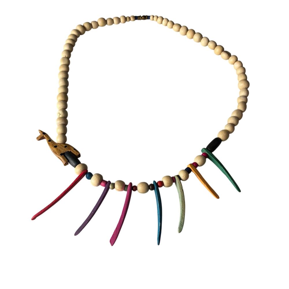 Handcrafted African Wood Bead Necklace Giraffe Colorful Fringe Statement Safari